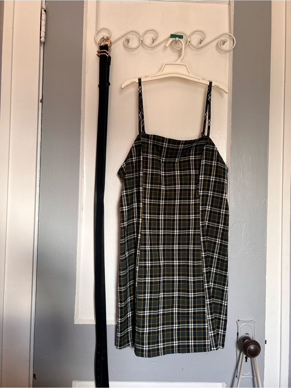 Empyre Green and Black Plaid Spaghetti-Strap Mini Dress